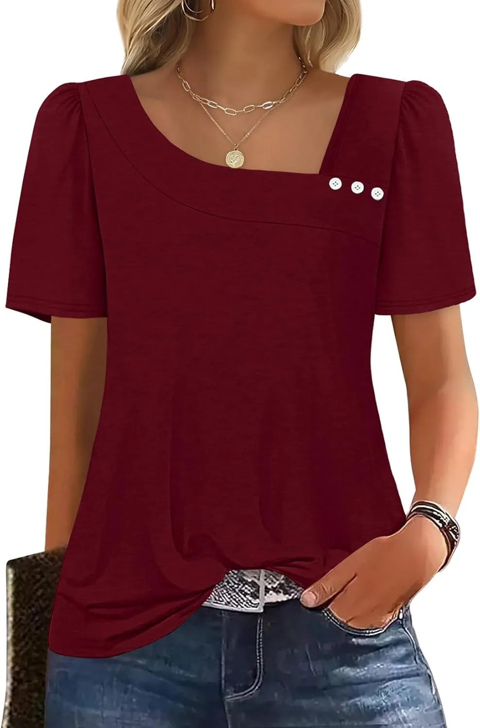 WIHOLL Womens Square Neck Short Sleeve Blouse Summer Casual Top Shirt