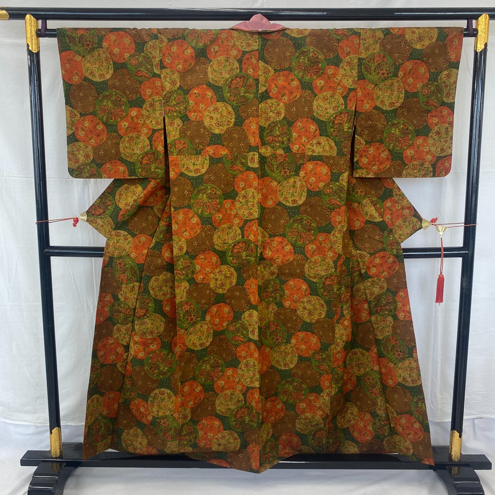 Japanese Vintage Kimono Silk Green Tsumugi No Lining Traditional Length 60 in