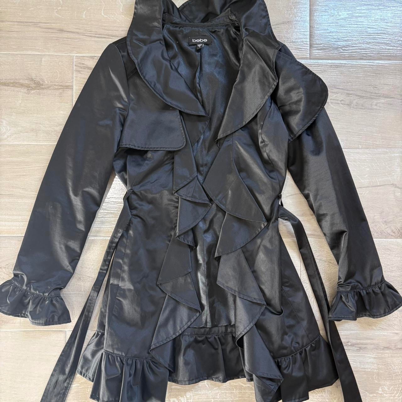 bebe Shiny Ruffle Trim Black Shirt Trench Coat Small Tie Waist Hook Close