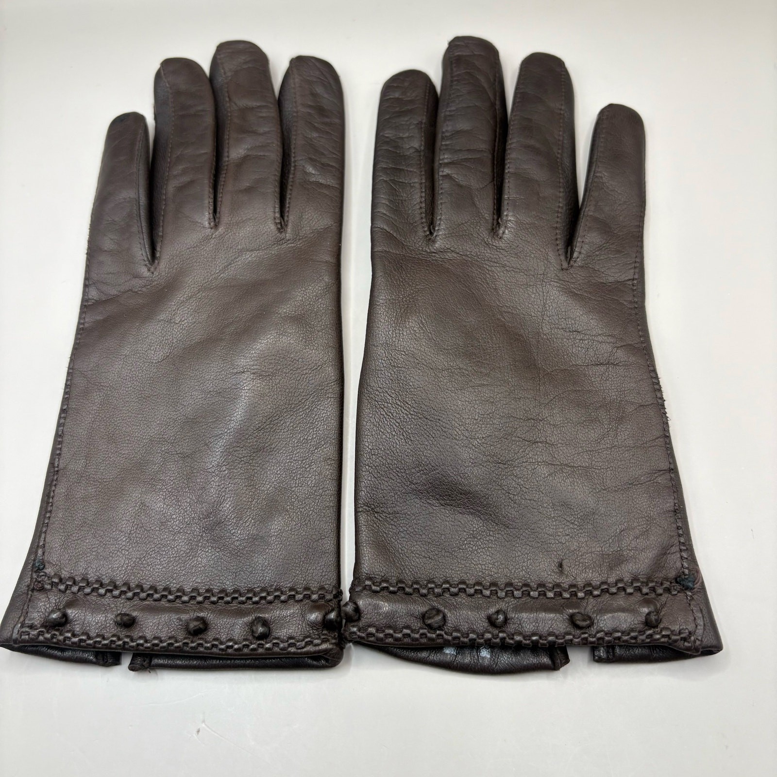VTG Leather Gloves Sz 7 Brown Knit Fabric Lined Unbranded Braided Embellished