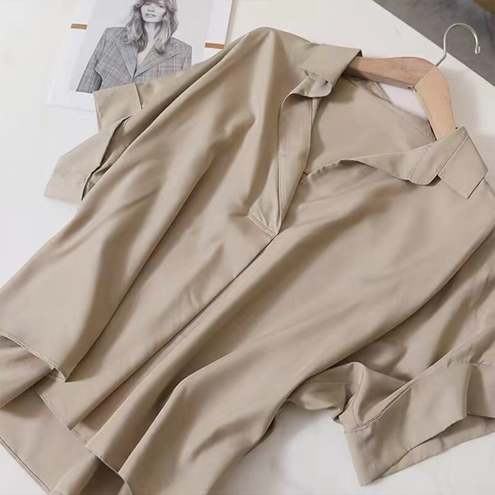 Stylish Women Blouses Simple Short Batwing Sleeve Turn Town Collar Design