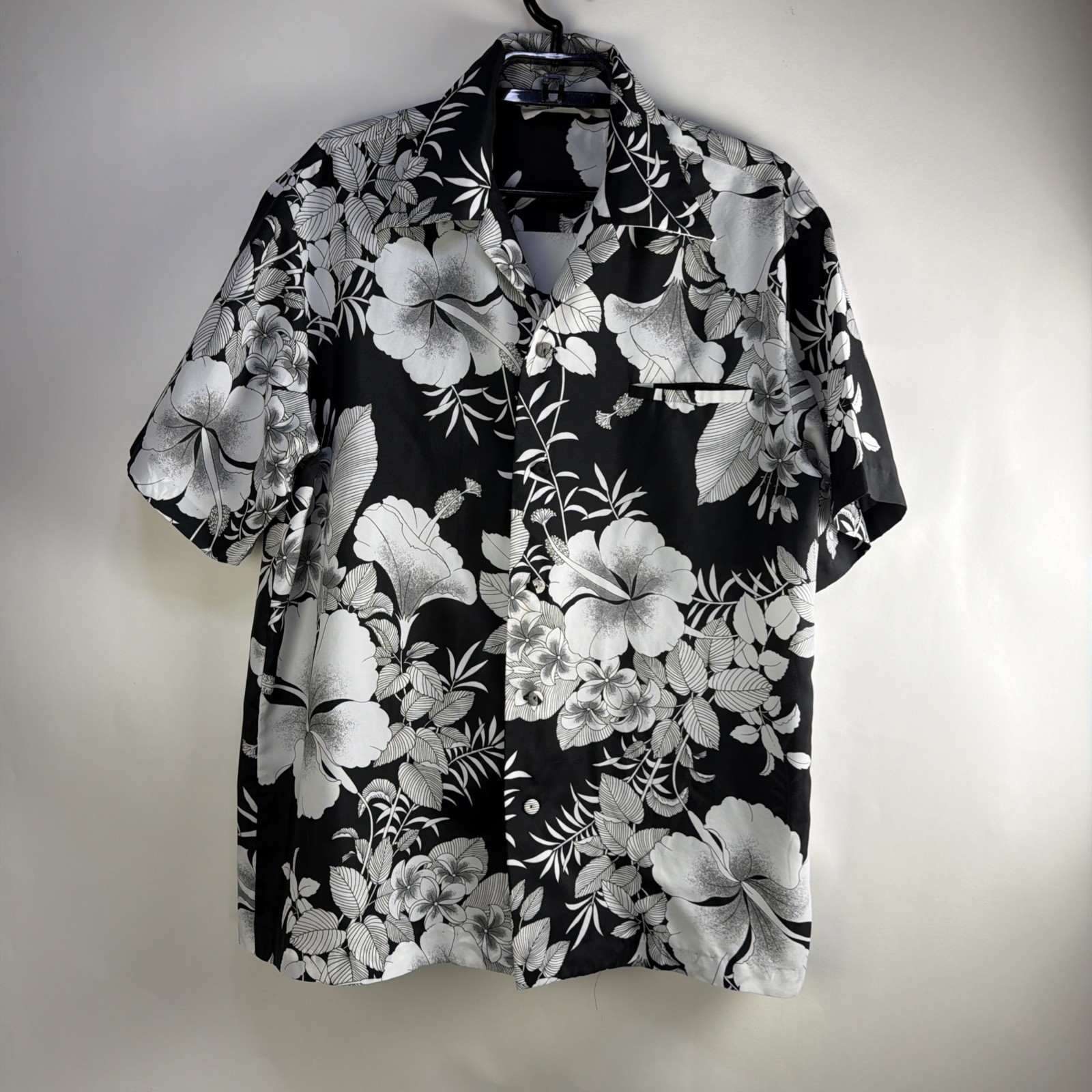 Vtg Mei Jan Of Hawaii Shirt Mens Large Black Hawaiian Aloha Floral Polyester 80s