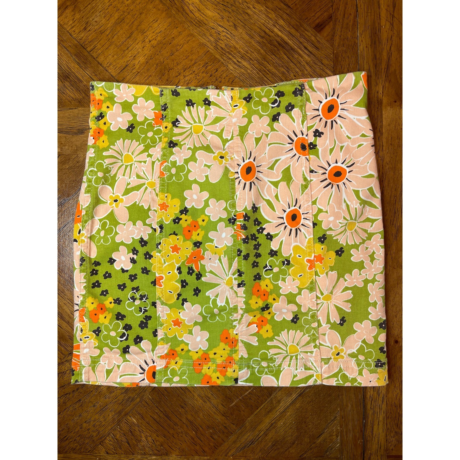 Free People Mini Skirt Green 70s Floral Denim High Waisted Size 8