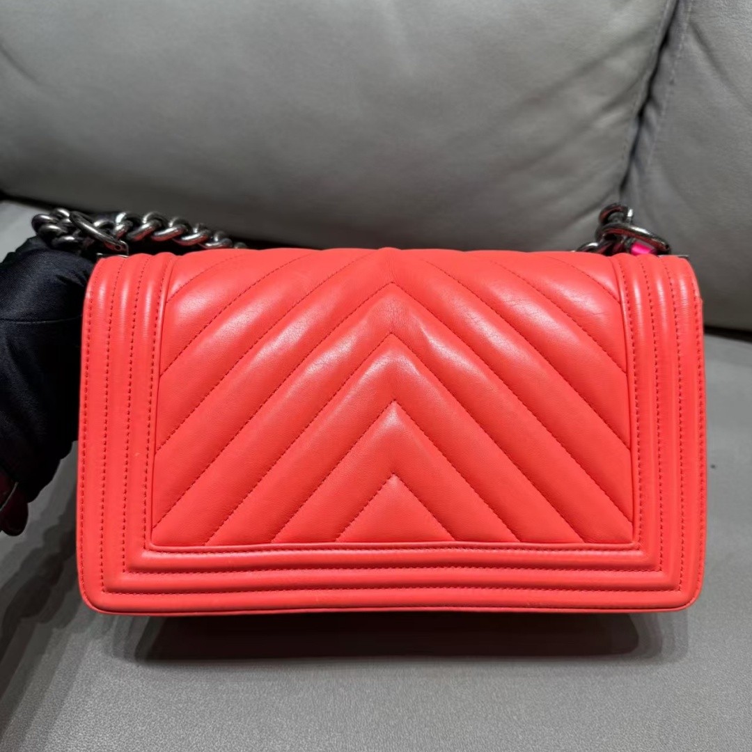 Authentic Chanel Le Boy Medium Coral Red V-Stitch Ruthenium Hardware