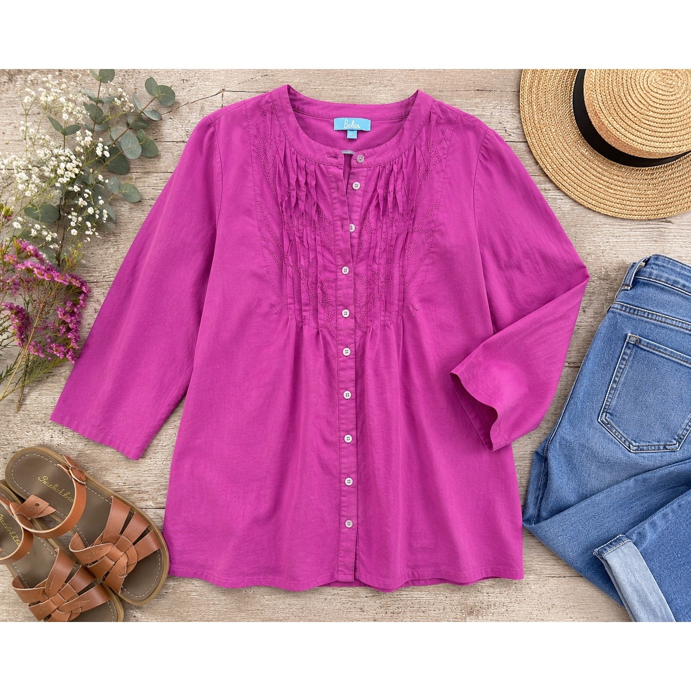 Boden Pintuck Pleated Button Front Tunic Top US 12 Berry Pink Cotton 3/4 Sleeve