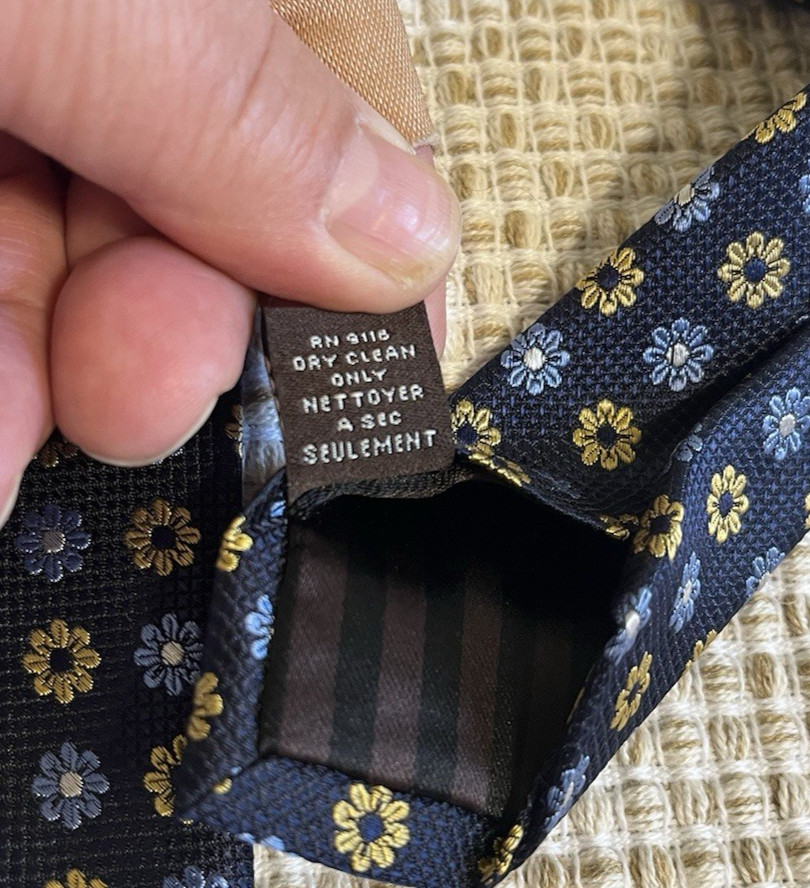 Black Brown 1826 100% Silk Dark Navy Gold & Light Blue Daisies Floral EUC