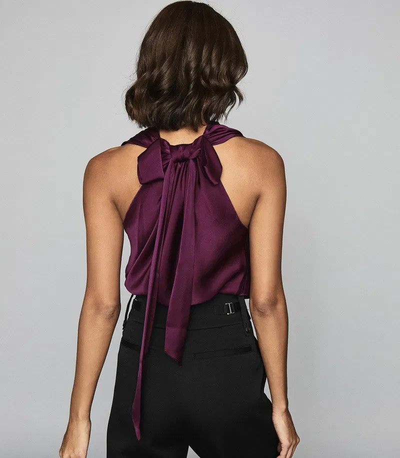 Reiss Laura Bow Detail Satin Sleeveless Cowl Neck Top In Berry Size 14 RRP £115
