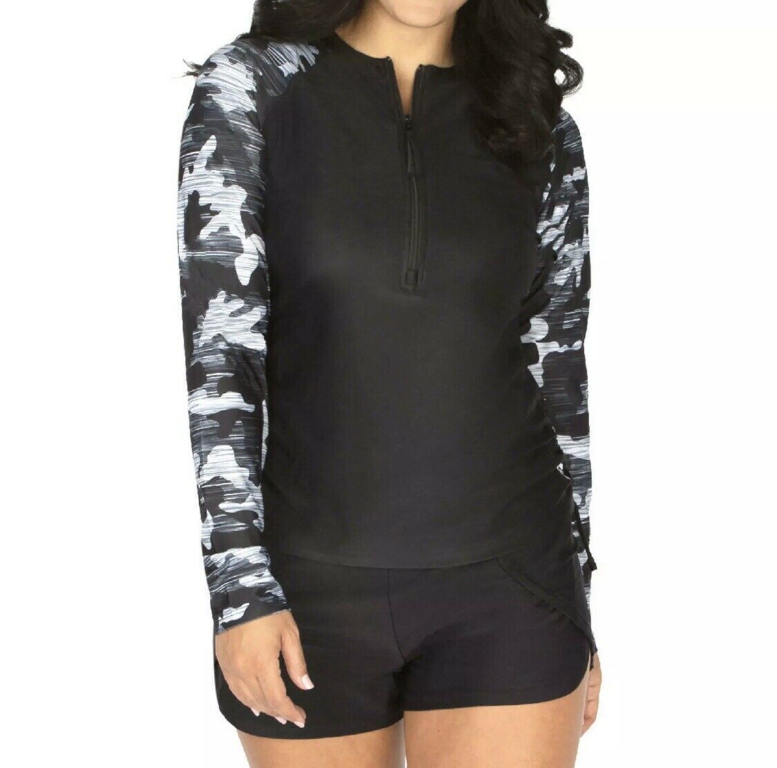 Free Country Women’s Black & Gray Camo UPF 50 Long Sleeve 1/2 Zip Sun Shirt New
