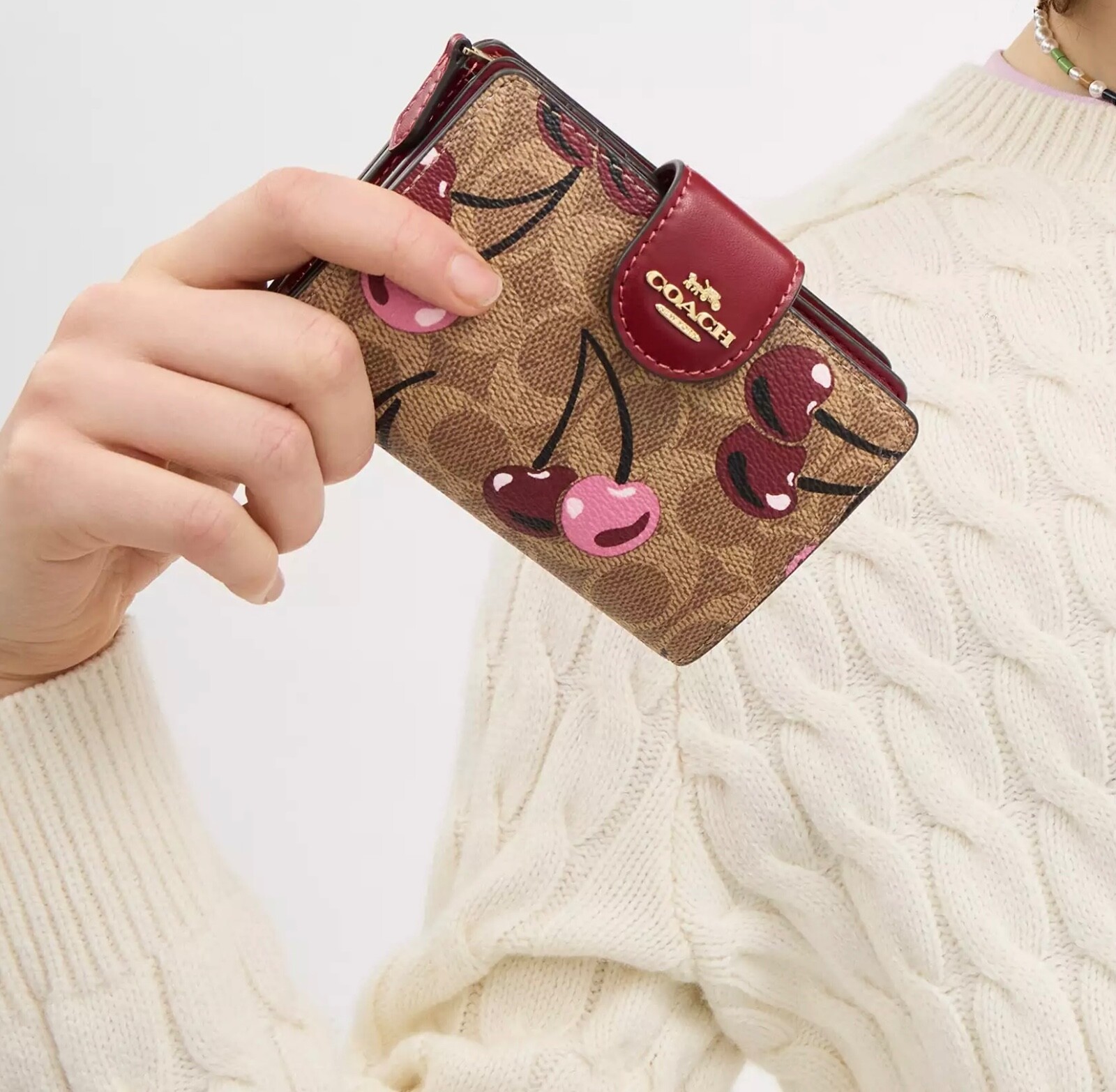 Coach Med Corner Zip Wallet Clutch CZ342 Brown Signature Canvas Cherry Print NWT