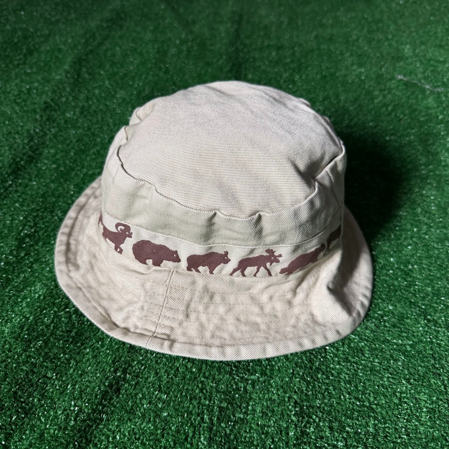 Vintage Safari Bucket Hat Zimbabwe Painted Animals Khaki Cotton Sun Hat OS