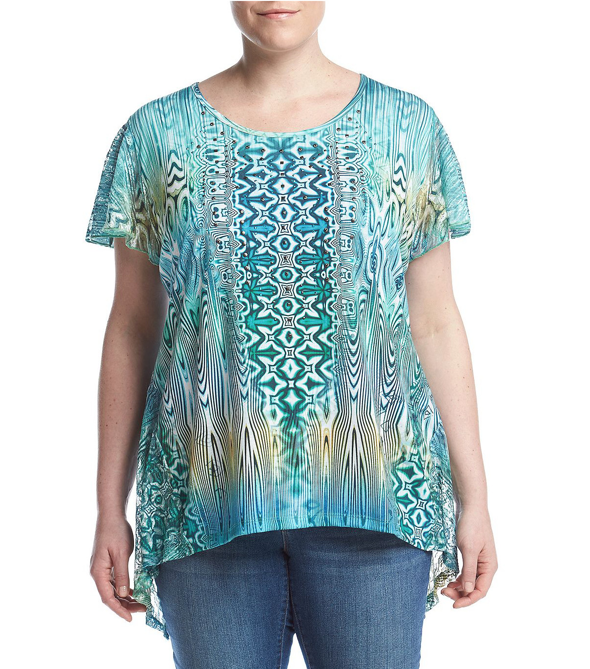 ONE WORLD GREEN BLUE PRINTED EMBELLISHED W/ LACE SHARKBITE HEM TOP PLUS Sz 1X