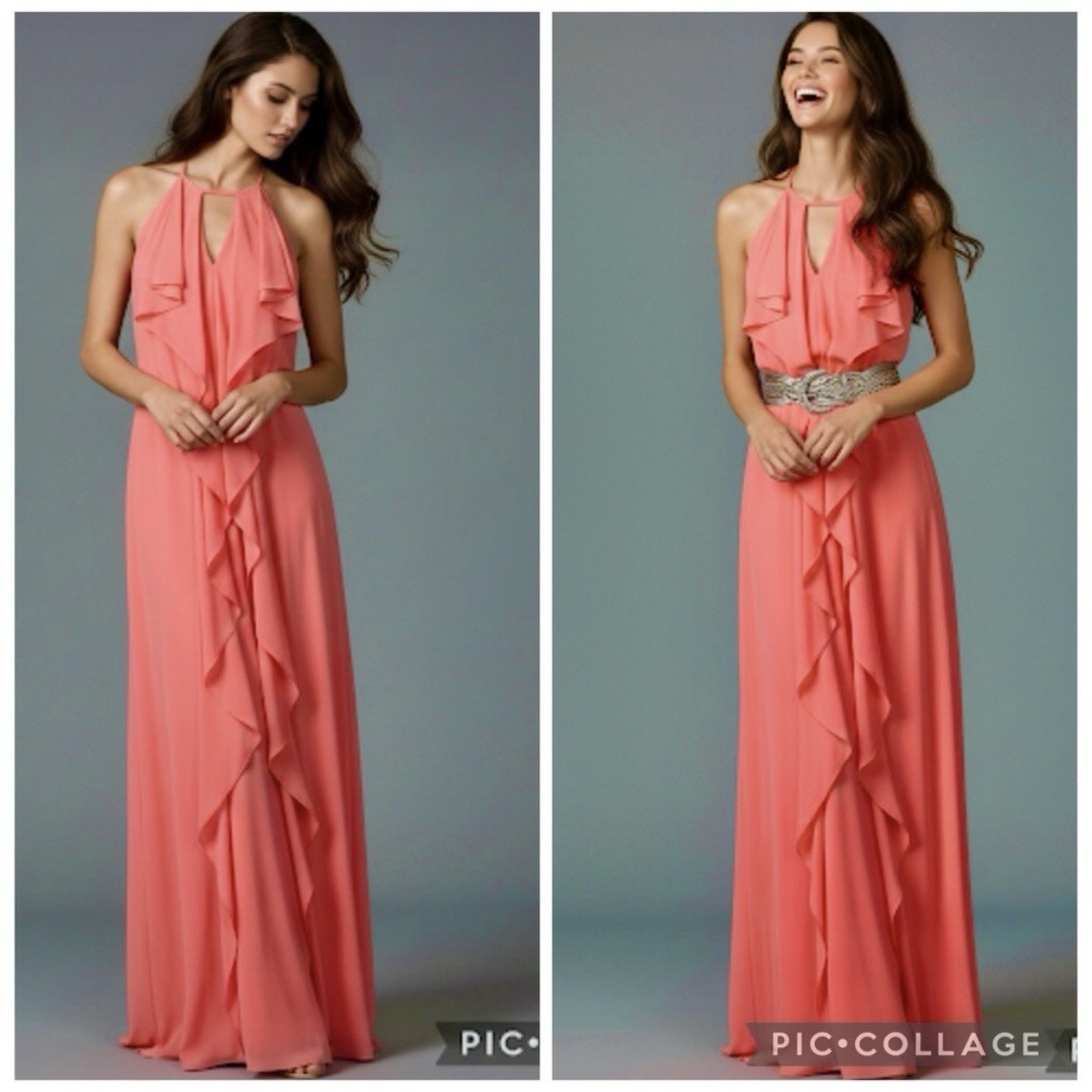 NWT BCBGMAXAZRIA Octavia Dress Medium Pink Coral Halter Ruffle Maxi Sleeveless