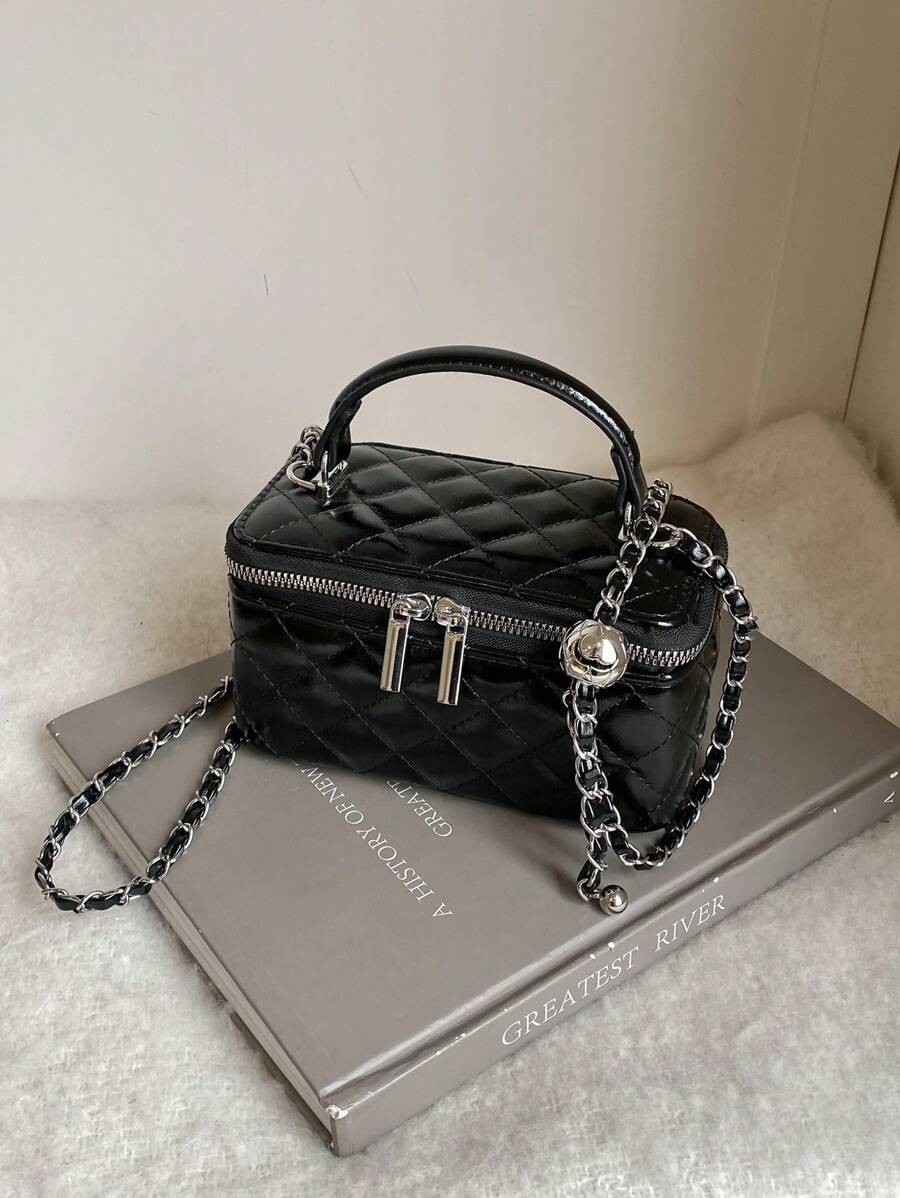 Mini Quilted Box Bag Rhinestone Embroidery Zipper Handbag Chain Strap Purse