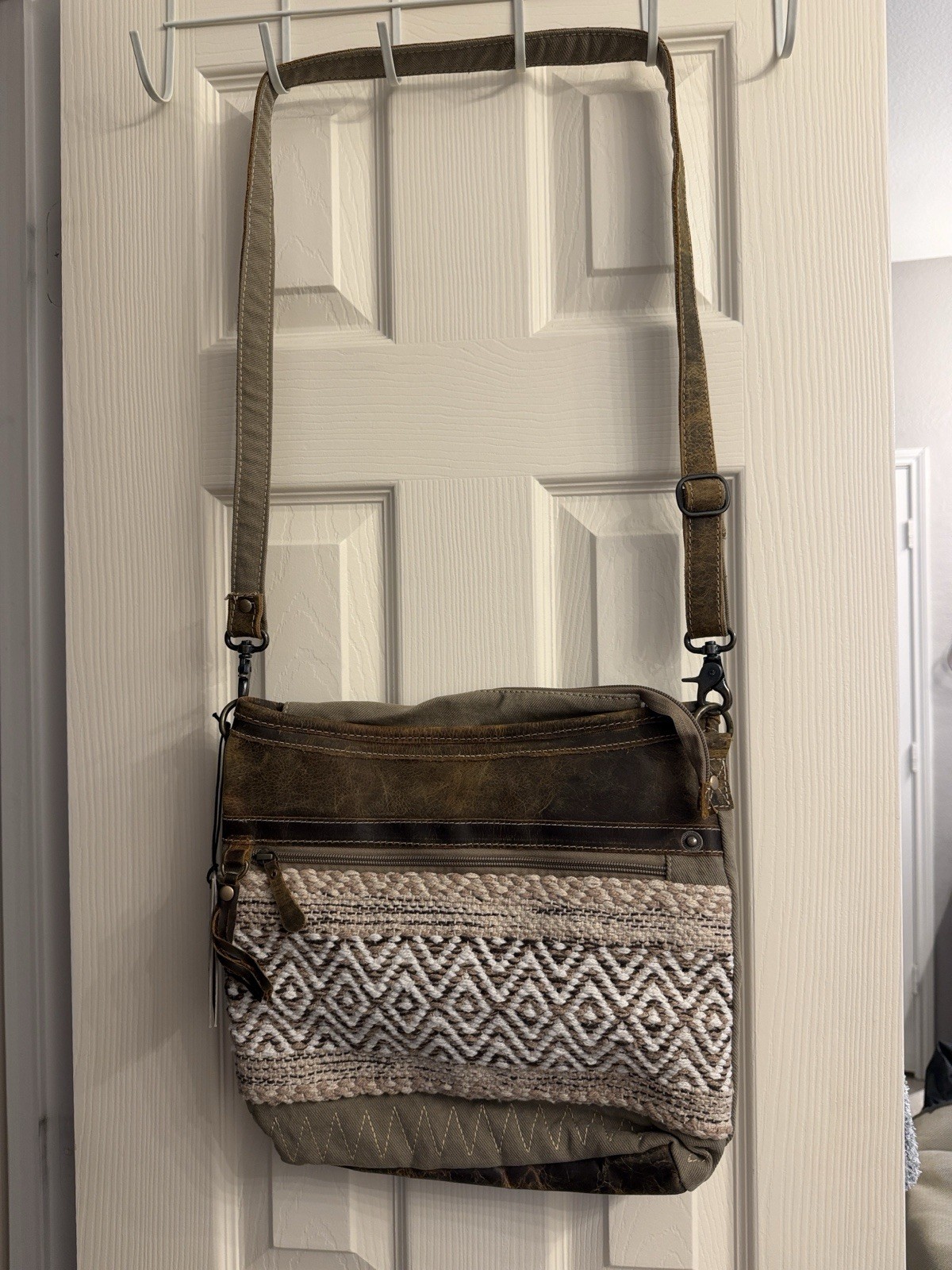 Myra Bag Geometric Crossbody Bag Brown Beige Black Zip Bronze Hardware Strap