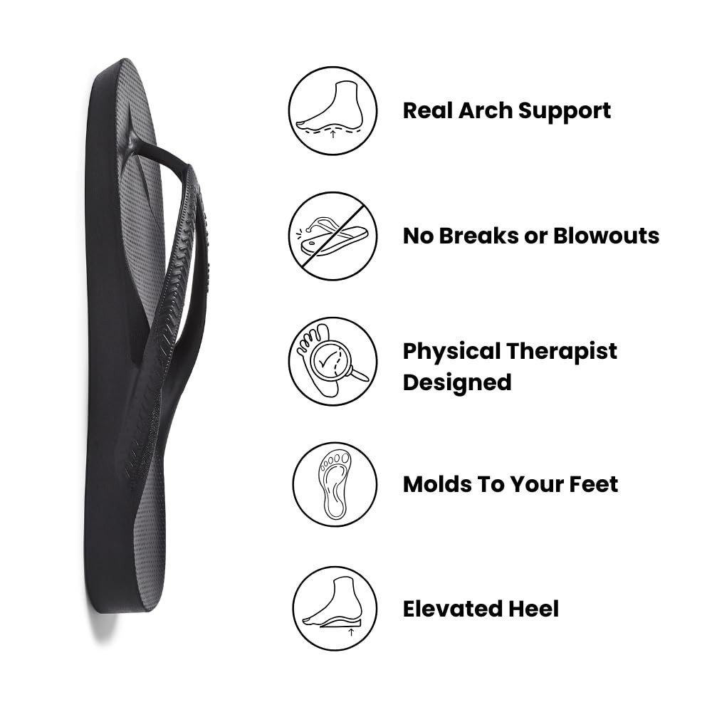 Archies Arch Support Flip Flops for Men & Women, Black, US Men’s 7