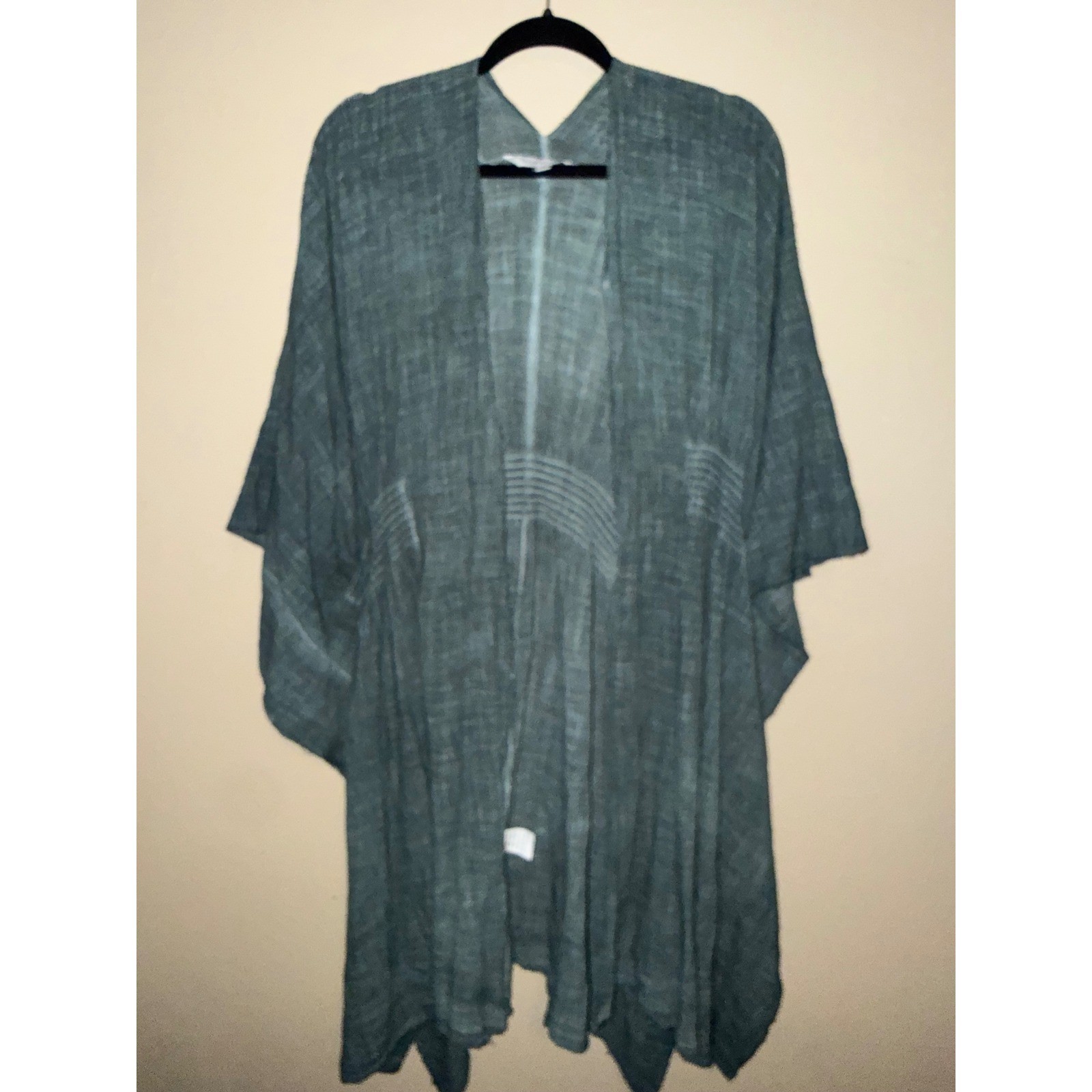 Davi & Dani Women Boho Teal Cotton Gauze Kimono Smock Waist Raw Hem Wrap Medium