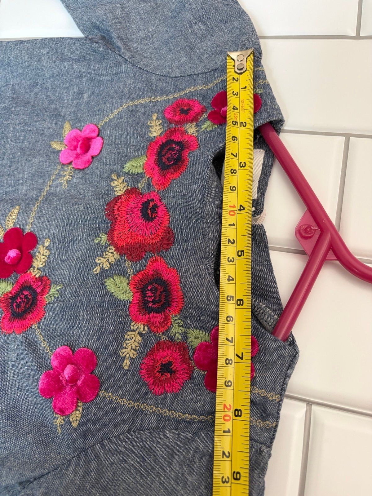 Mud Pie Girls Floral Embroidered Chambray Dress 5T Blue Cotton Long Sleeve Tunic