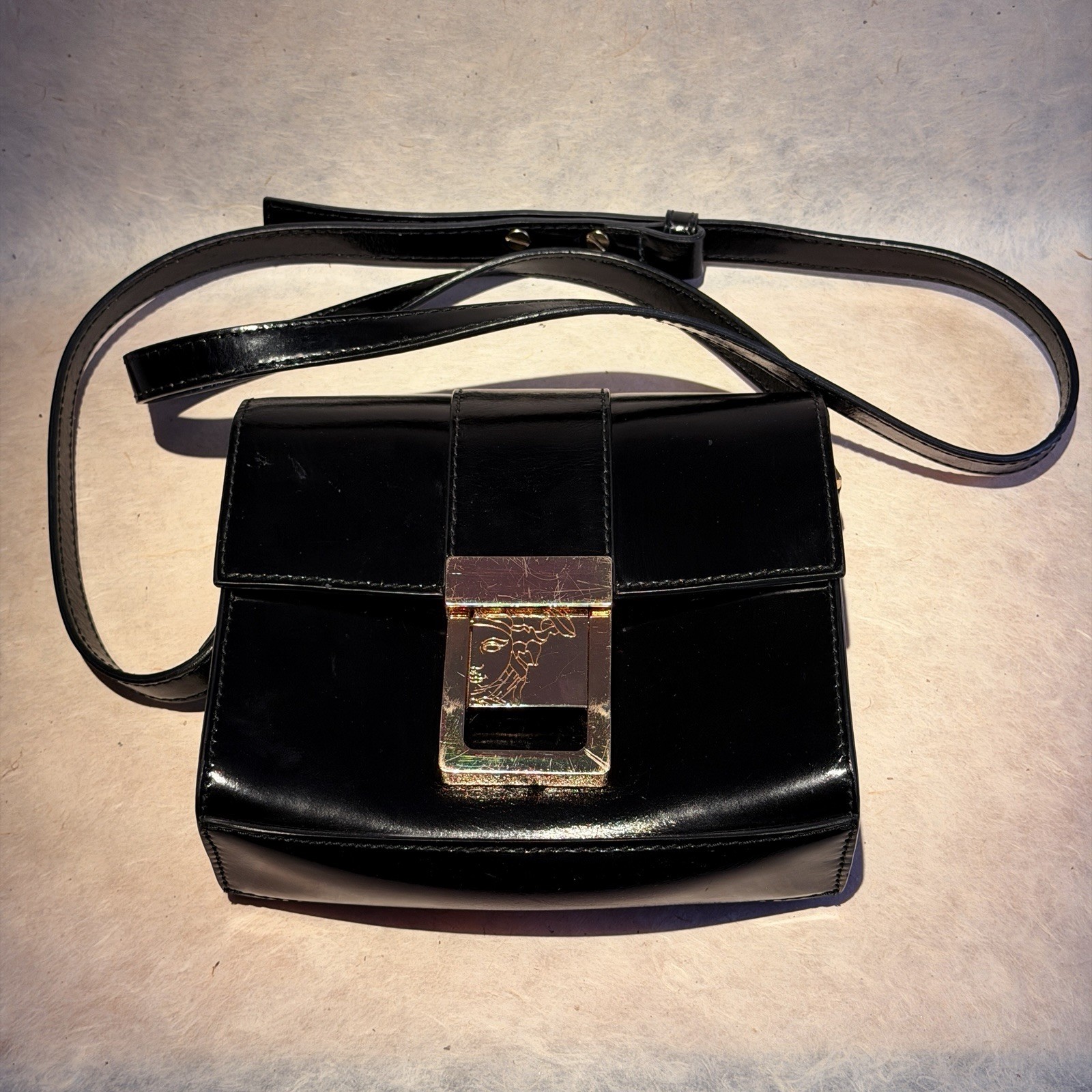 Authentic Versace Collection Black Patent Leather Crossbody Bag Medusa Clasp