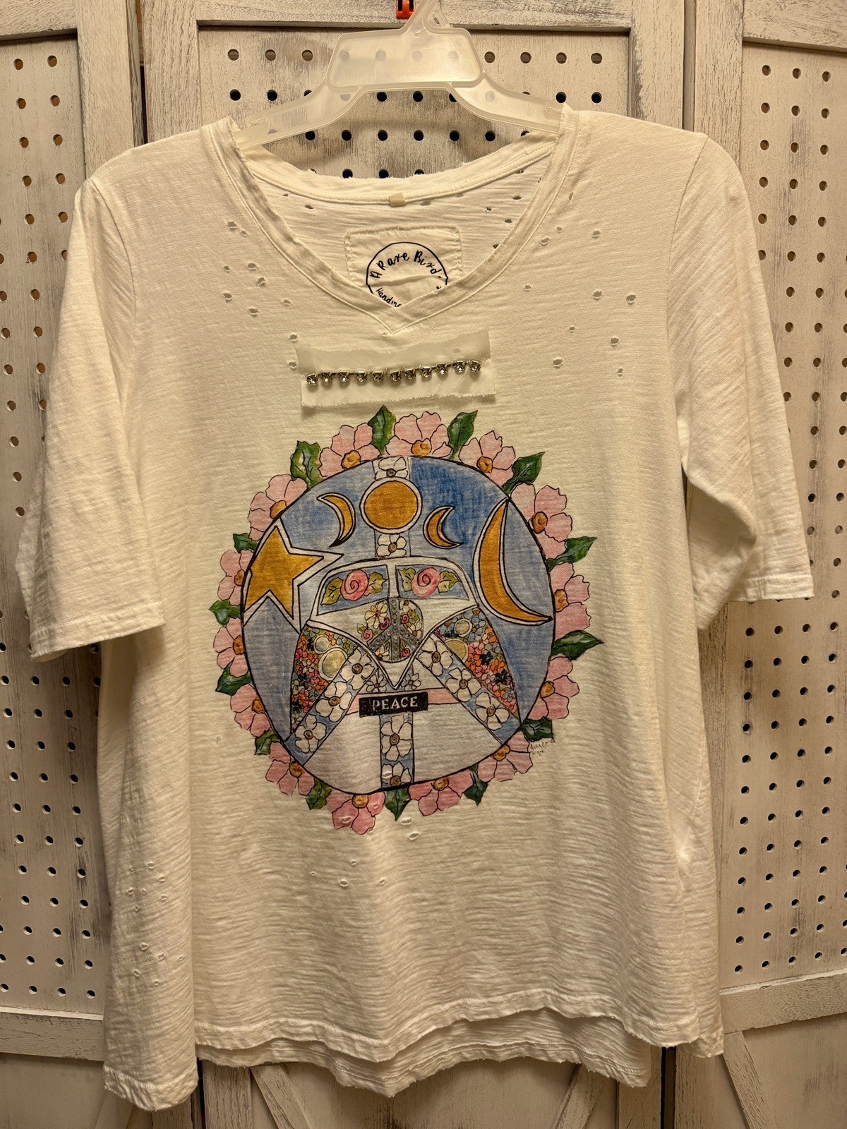 A Rare Bird Distressed Jeweled Tshirt Sz:S/M Hippie Bus