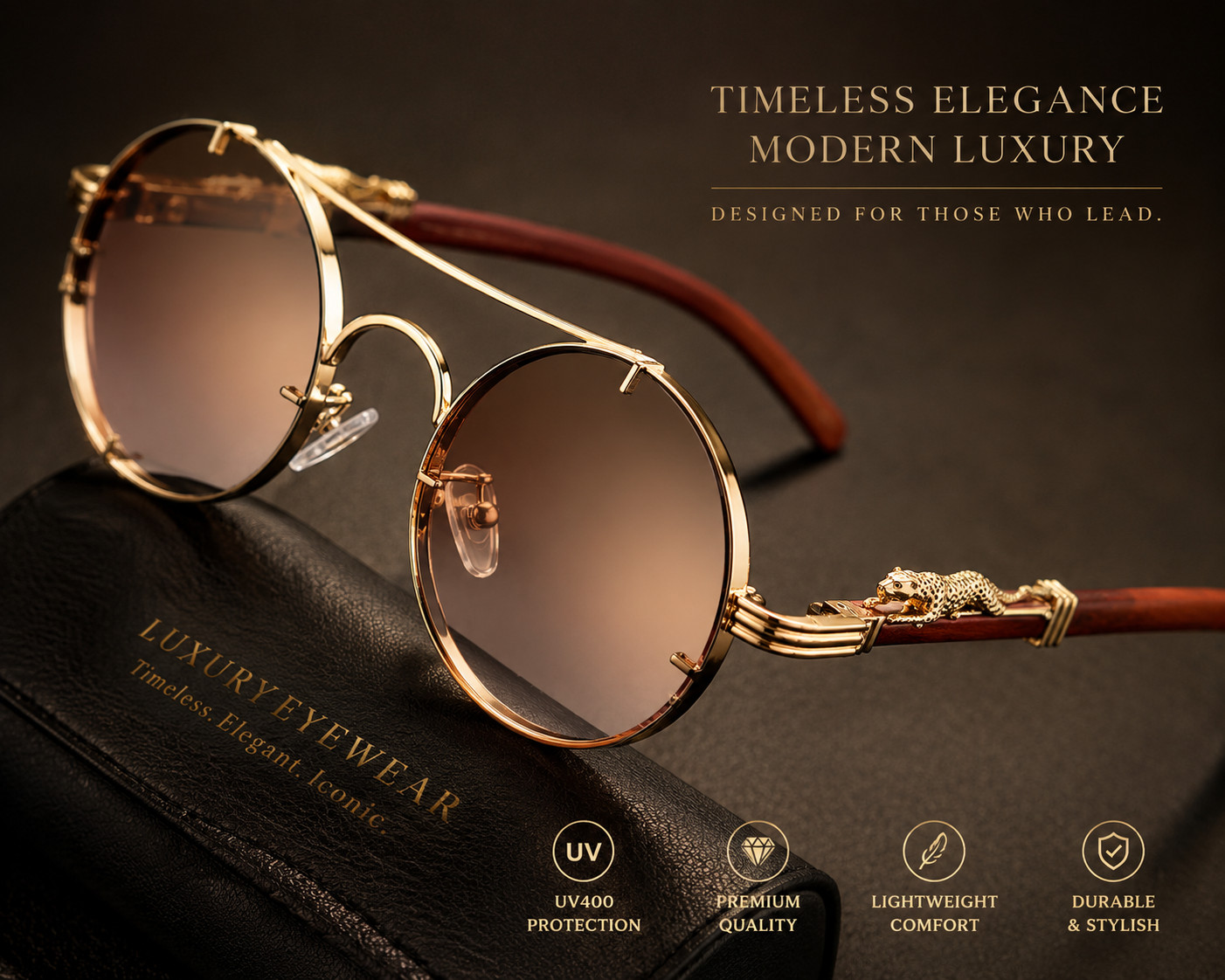 Luxury Unisex Round Sunglasses Gold Metal Frame Gradient Lenses Leopard Detail