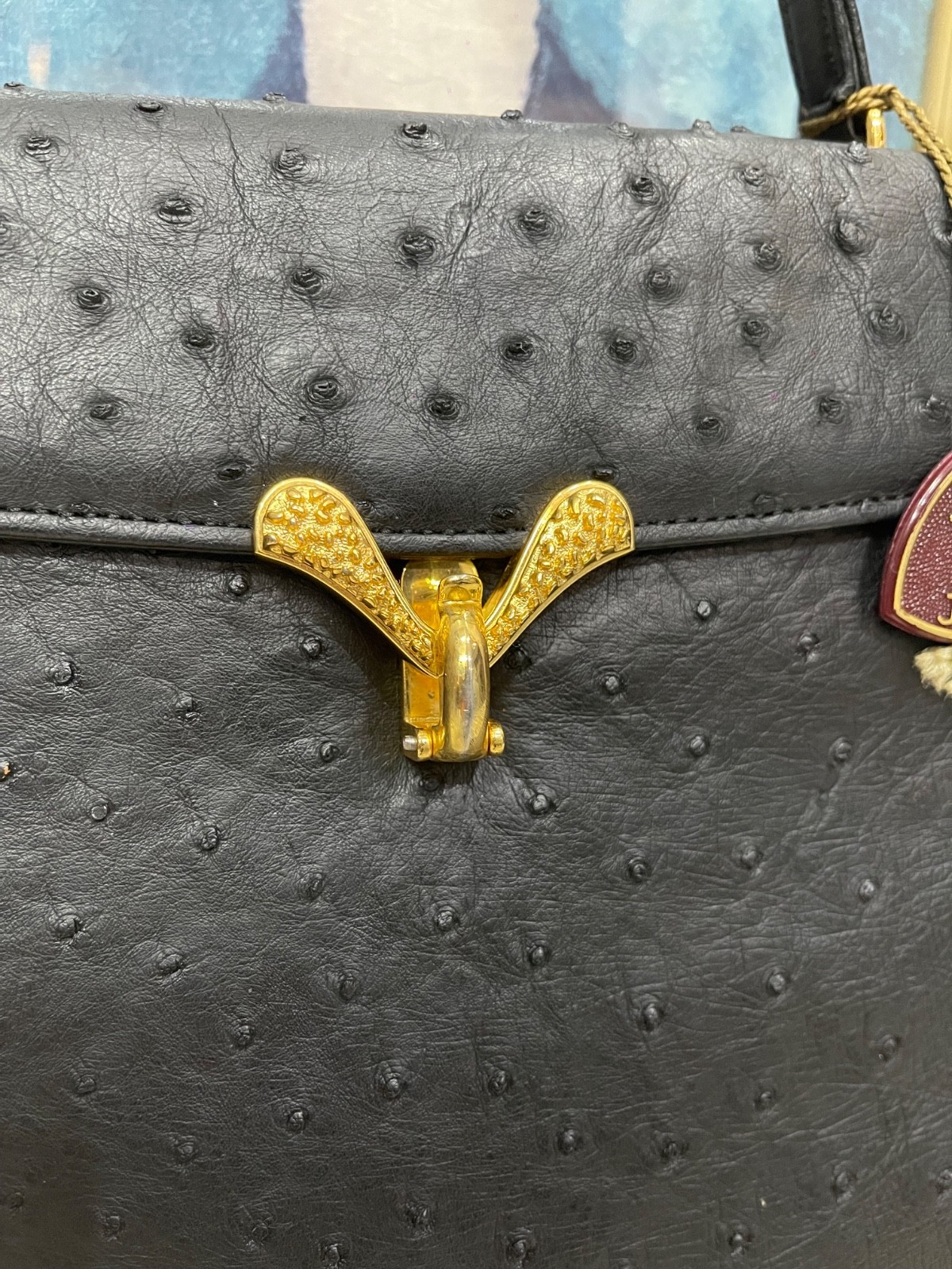 JRA Japan Ostrich Leather Handbag Genuine Exotic Leather Brown Vintage