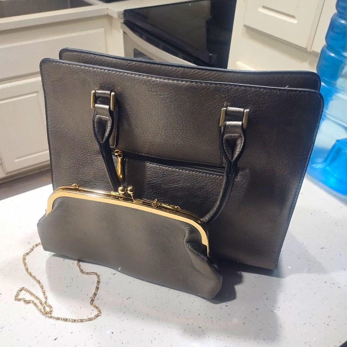 Women’s Black Pebbled Tote Bag, Stud Accents, Striped Lining, Zip, Pouch