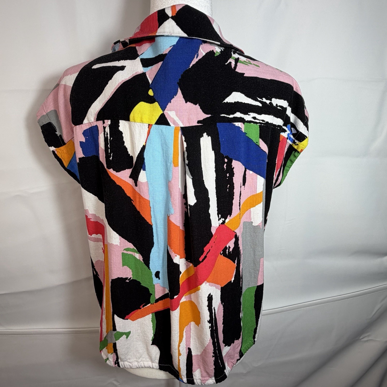 Pure Essence Abstract Geometric Button Art Blouse Top Medium Multicolor 80s