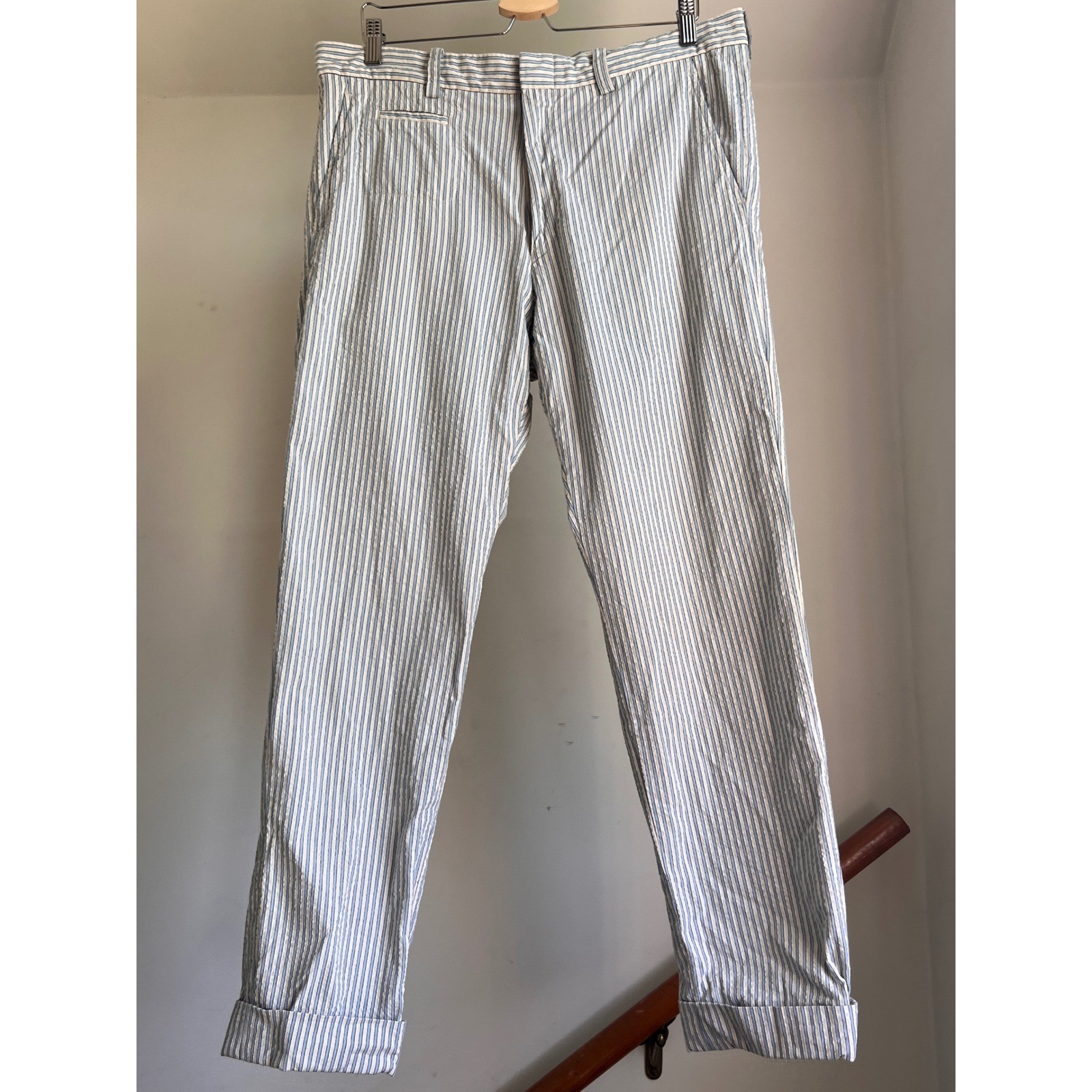 ts(s) Striped Seersucker Trousers Size 36 Blue White Made in Japan Cotton Pants