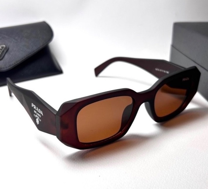 Prada PR 17WS Rectangle Sunglasses Dark Red Frame Brown Lens Authentic Unisex