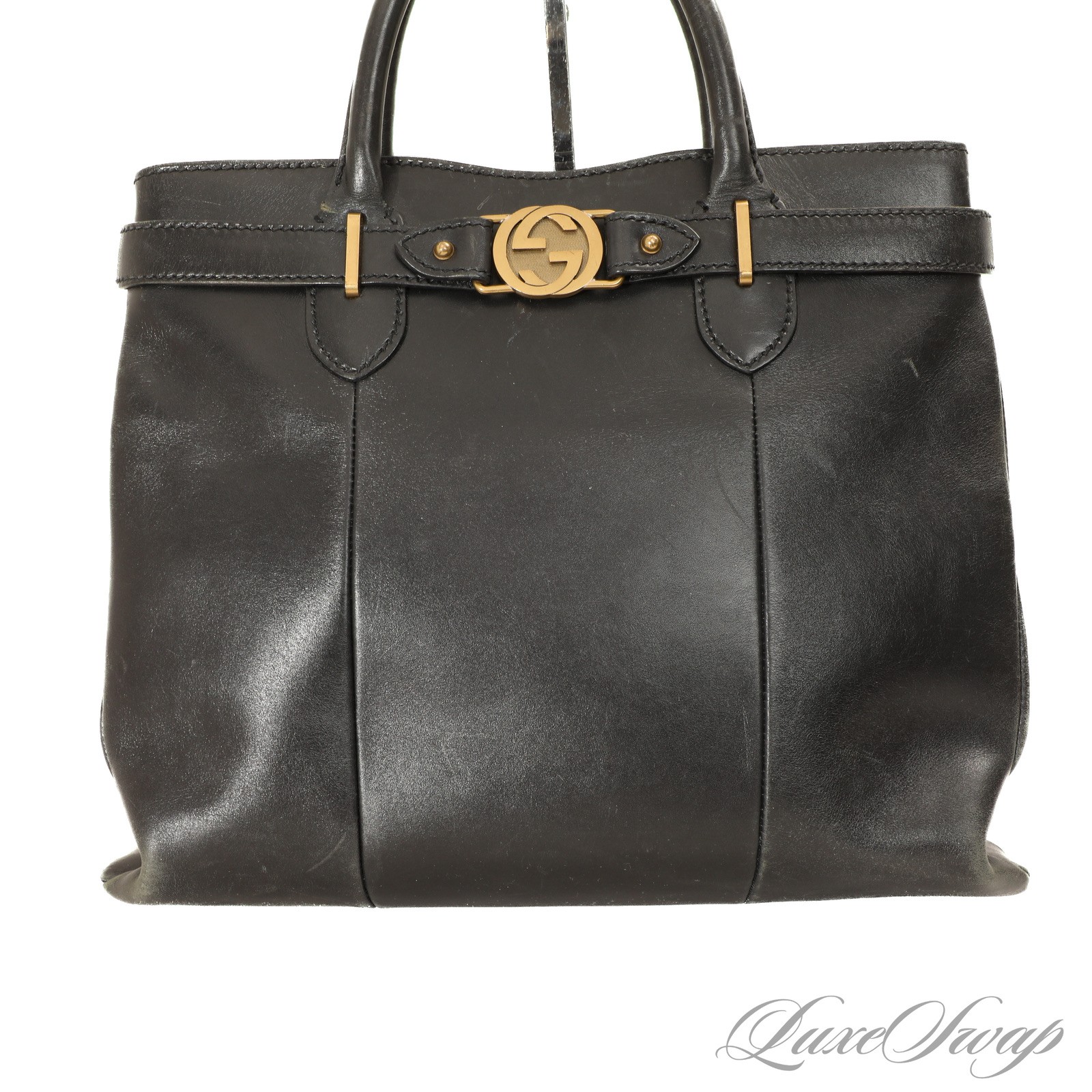 Gucci Made in Italy Black Running Leather Marmont Buckle Handbag Bag #16E008