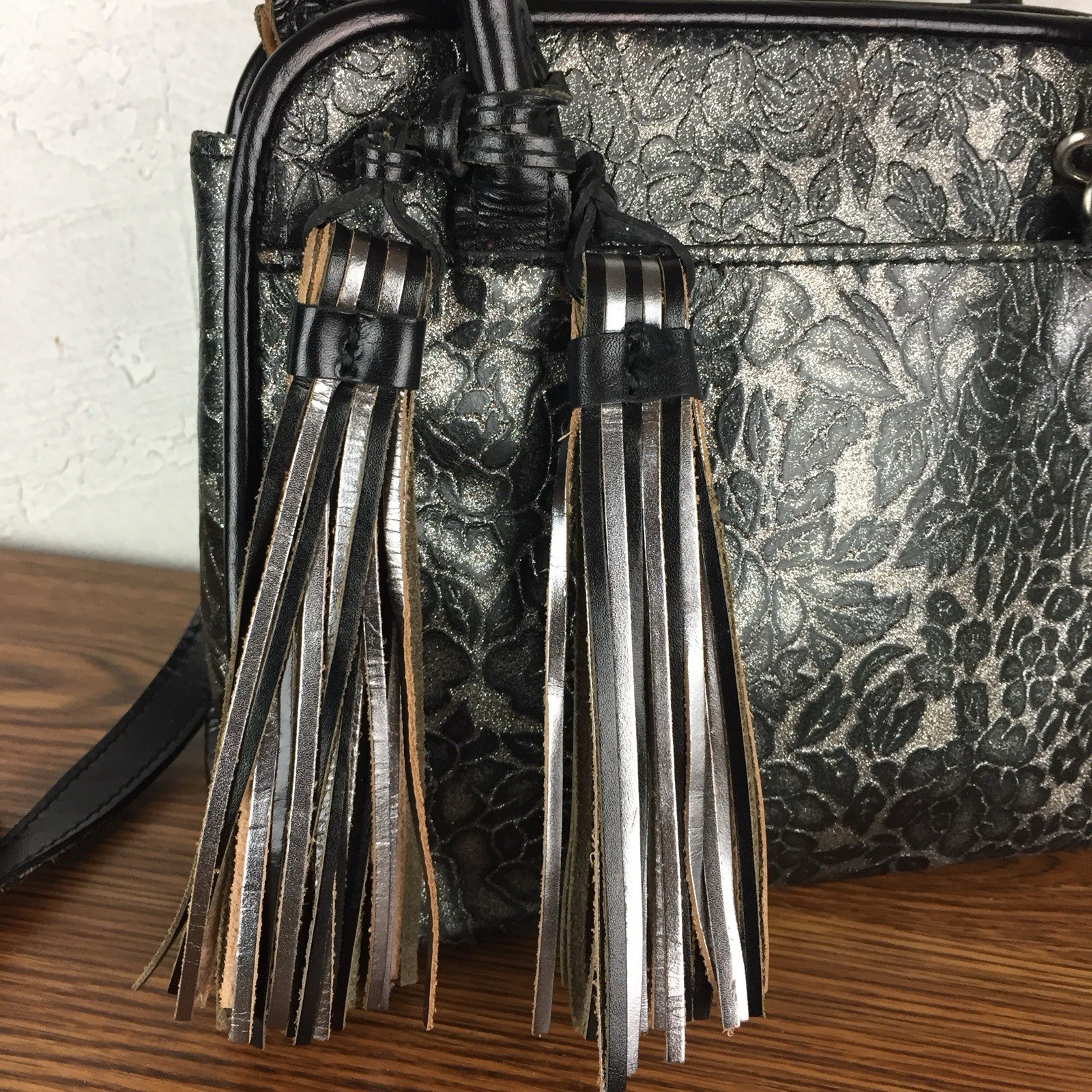 PATRICIA NASH Small Paris Glitter Rose Leather Satchel Crossbody Tassels