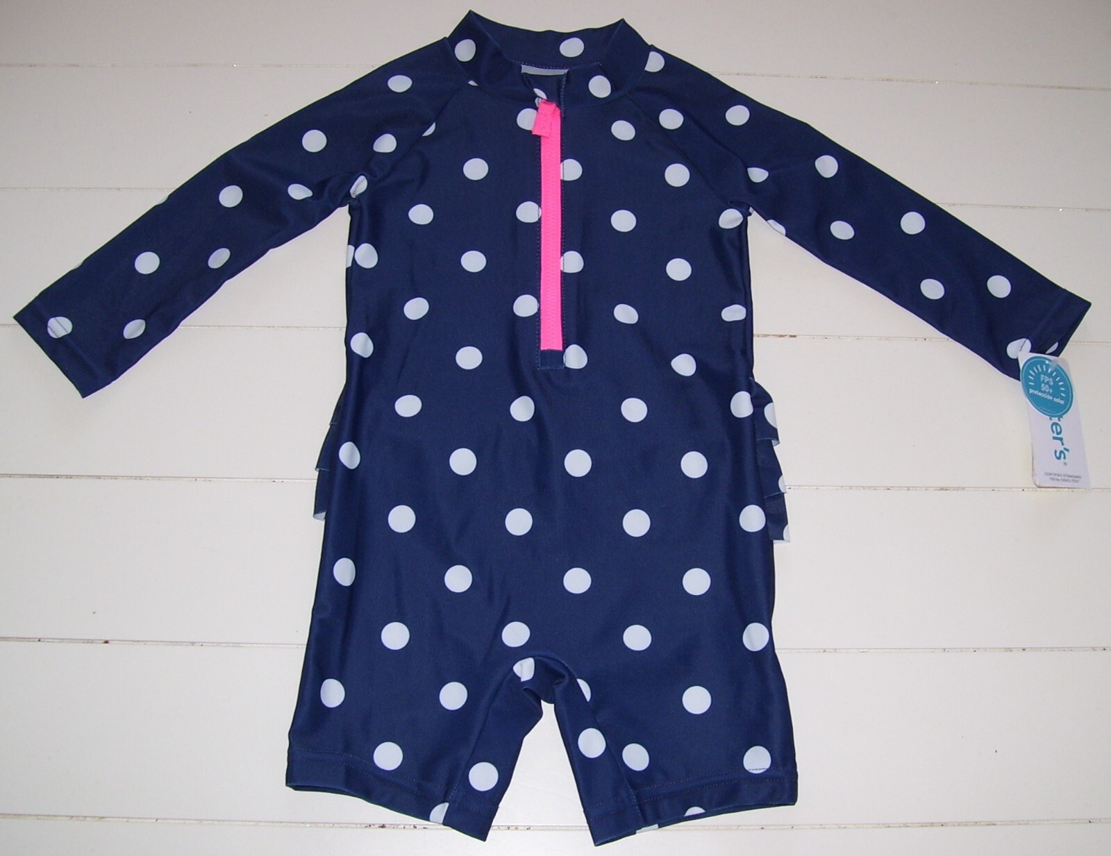 Carter’s 1 Pc Blue White Polka Dot Long Sleeve Rash Guard Ruffle Swimsuit 12M