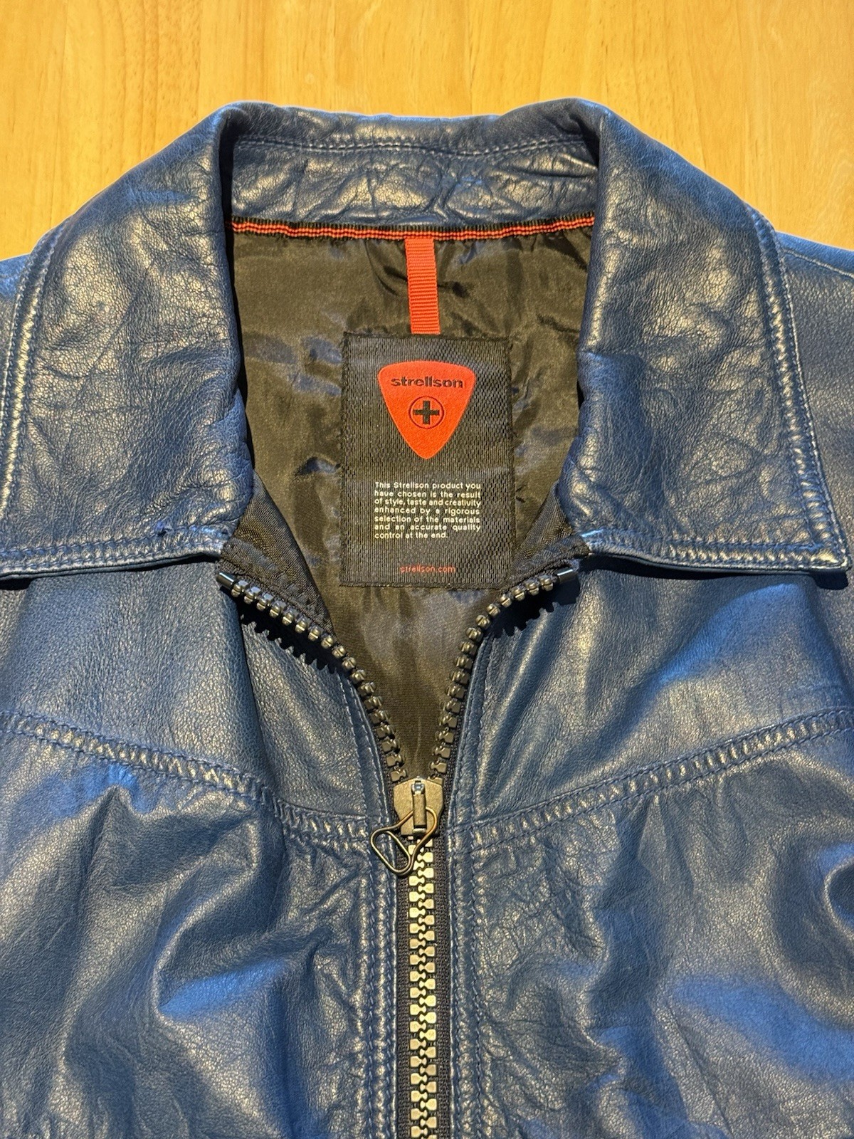 Blue Leather Jacket Strellson Racer Jacket XL Swiss Designer Lined Zip Up