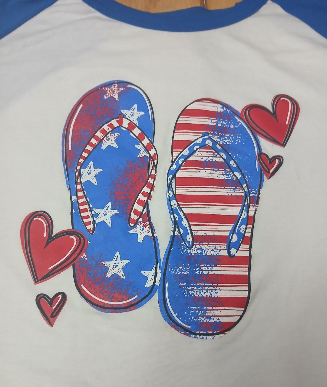 4XL Womans 3/4 Sleeve Tee Shirt Blue/White Beach Flop Flag Patriotic Jerzees