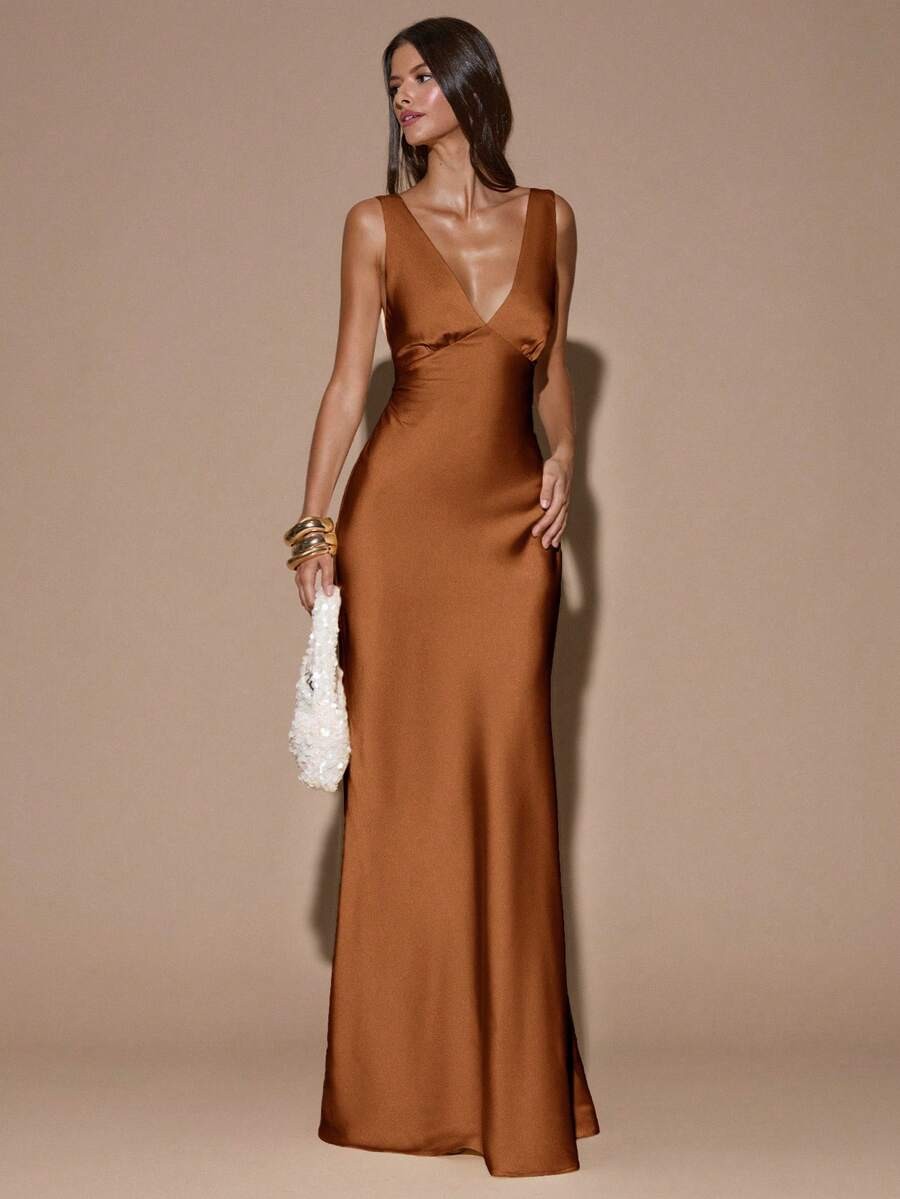 Elegant Satin Maxi Dress Deep V Neck Criss Cross Backless Mermaid Wedding