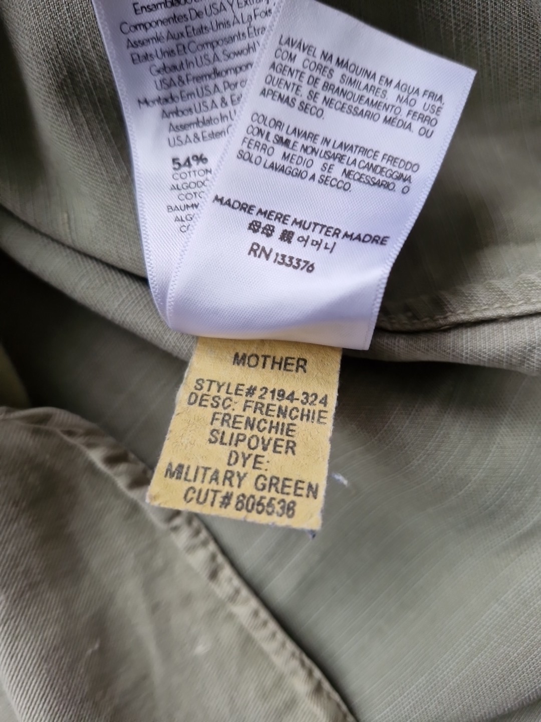 Mother The Frenchie Slipover Cotton Blend Military Green Shirt Womens Size Small