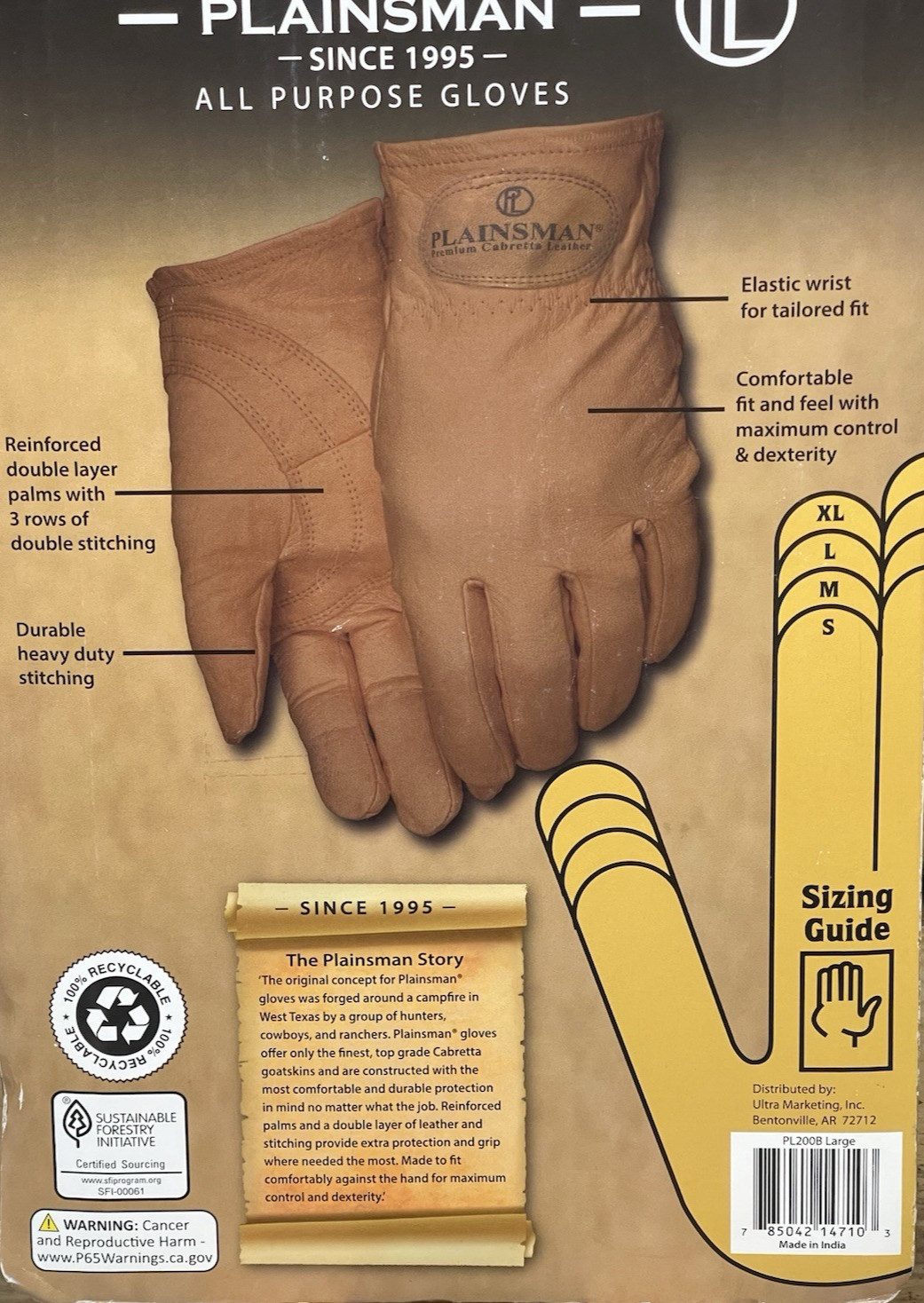 PLAINSMAN PREMIUM CABRETTA BROWN LEATHER GLOVES 2 PAIRS SIZE LARGE NEW
