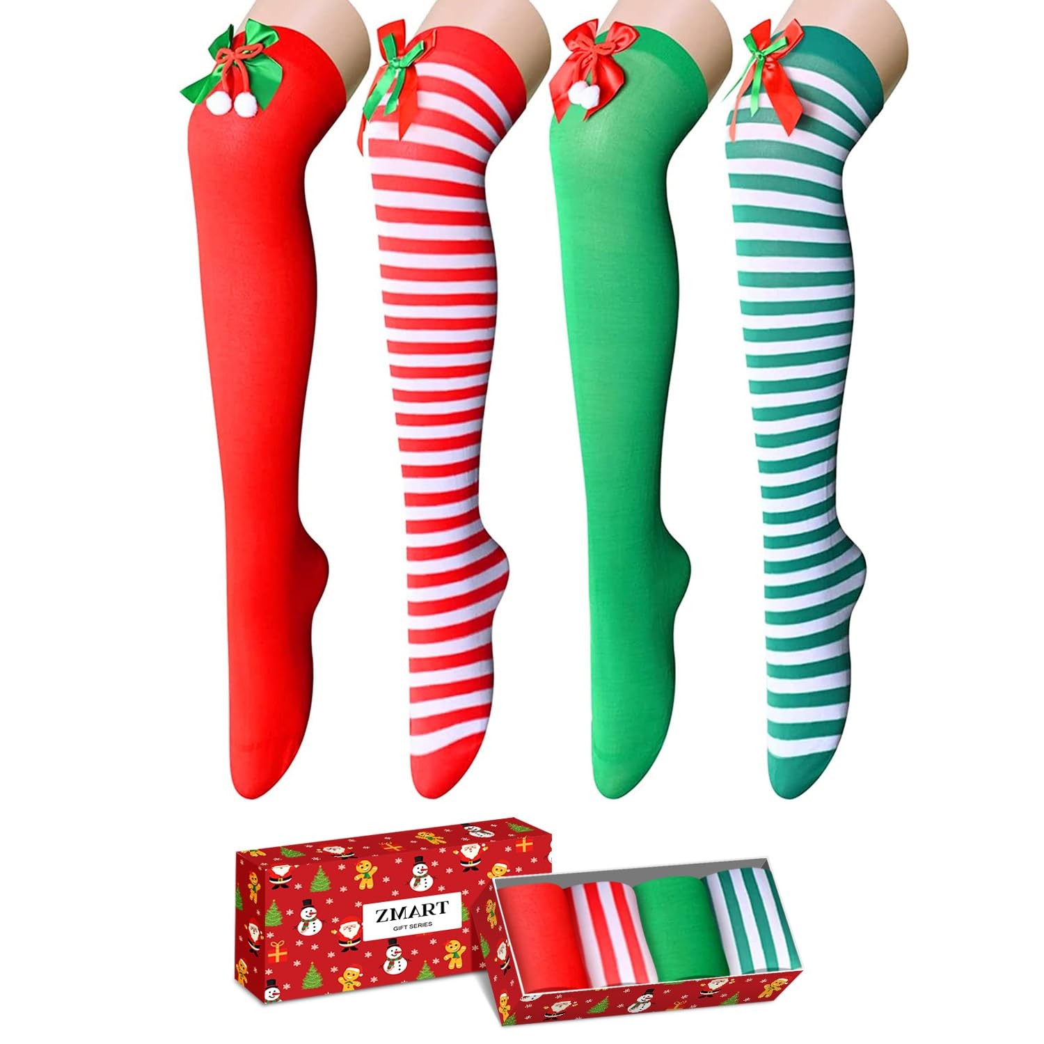 Zmart Christmas Knee High Socks – Xmas Candy Cane Medium, 4 Pack
