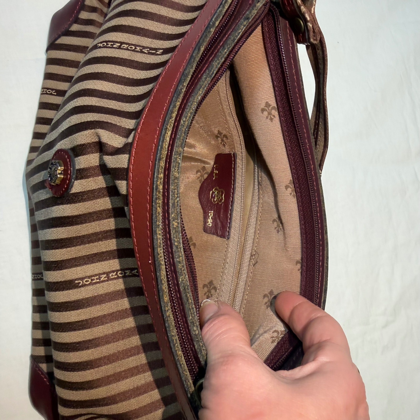 Vintage John Romain Striped Crossbody Bag Brown Burgundy Leather Trim Lion Crest