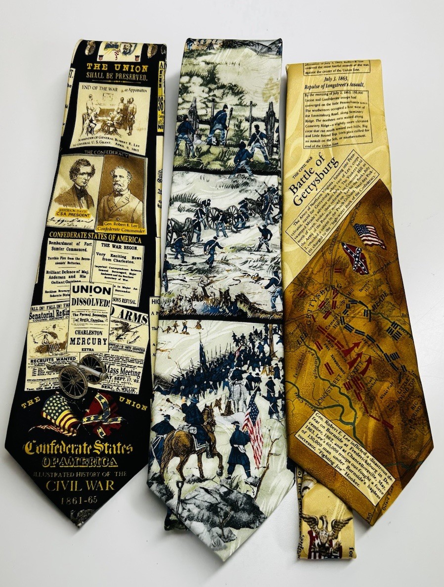 Lot of 3 MUSEUM ARTIFACTS 100% Silk Ties CIVIL WAR Theme~Gettysburg~Soldiers~CSA