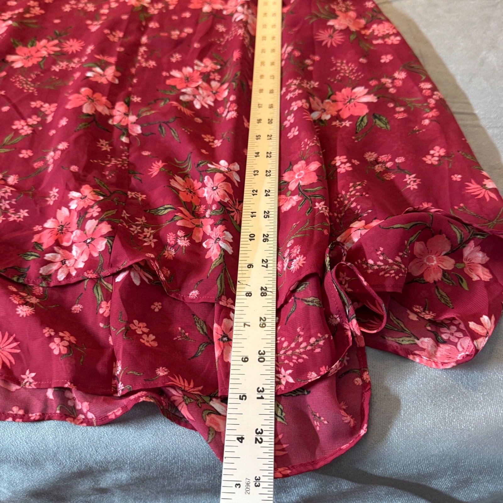 Lane Bryant Womens Blouse 22L Burgundy Pink Floral Tiered Chiffon Boho V-Neck