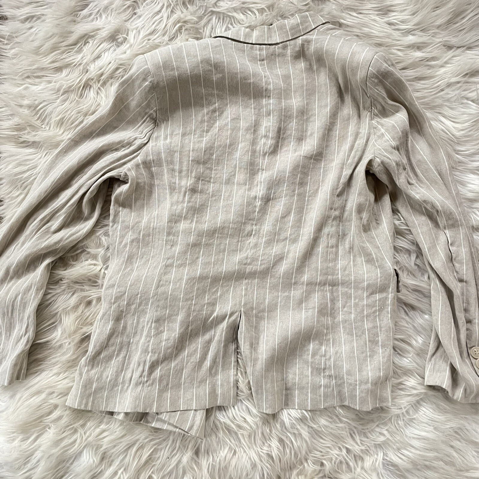 Evereve Clarkson Blazer Womens Large Linen Tan Pinstripe Office Academia Preppy