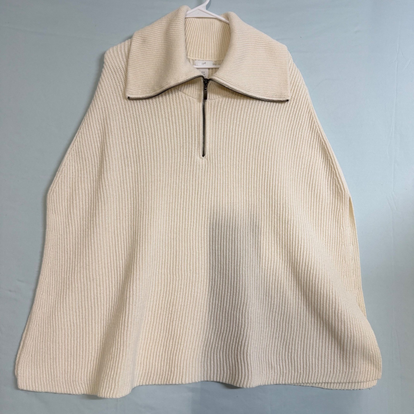 J. Jill Size-XL-3X Poncho Sweater Cream Ribbed Quarter Zip Cotton Blend