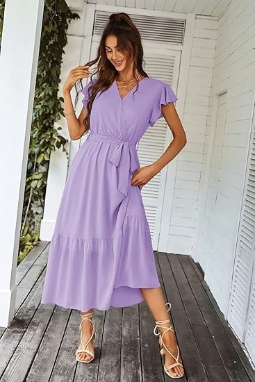 PRETTYGARDEN Women’s Summer Floral Boho Dress Wrap V Neck Short Sleeve Ruffle
