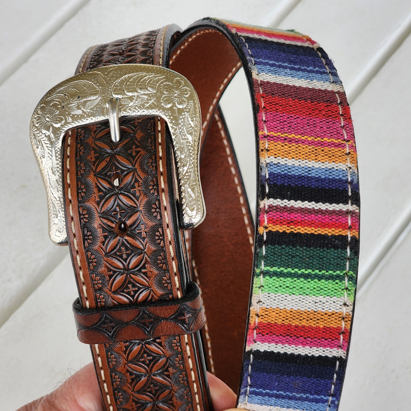 Twisted X Western Serape Stripe Brown Leather Geometric Tooled Billet Size 44