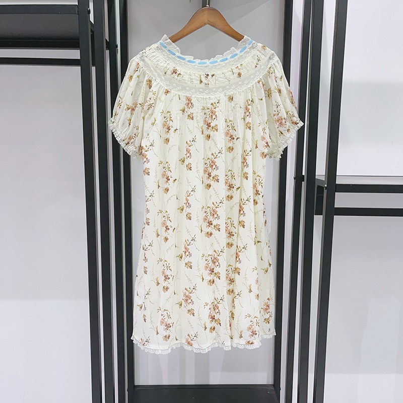 DOEN Daphne Floral Cotton Mini Dress Lace Trim Puff Sleeve