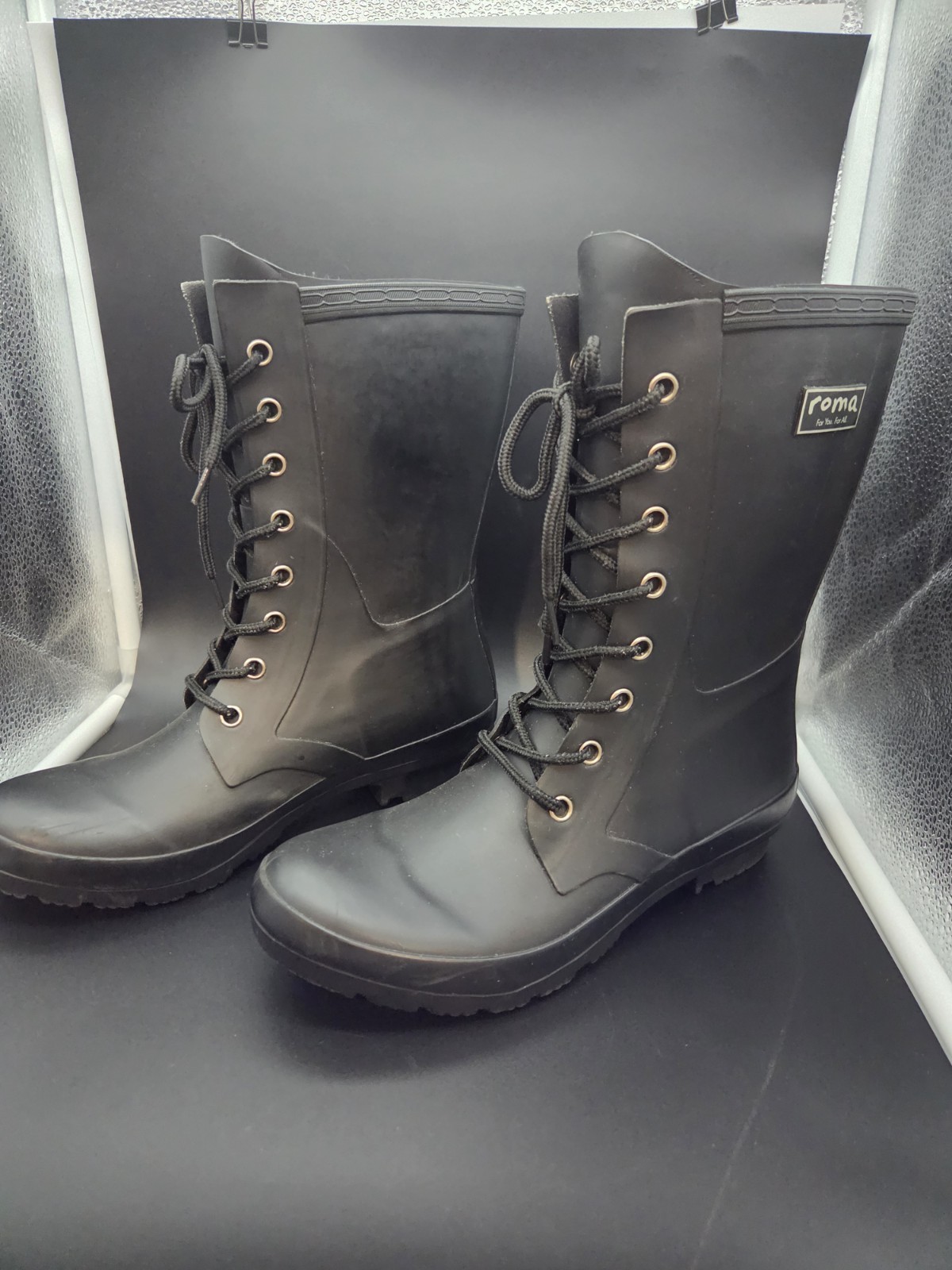 Roma Epaga Matte Black Rubber Lace Up Rain Boots Womens Sz 8 Mid Calf Waterproof
