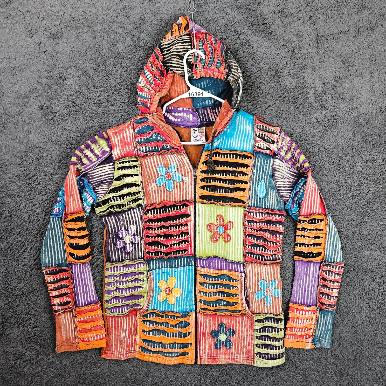 India Boutique Artsy Zip Hoodie Jacket Boho Hippie Multicolor Youth Sz XXL