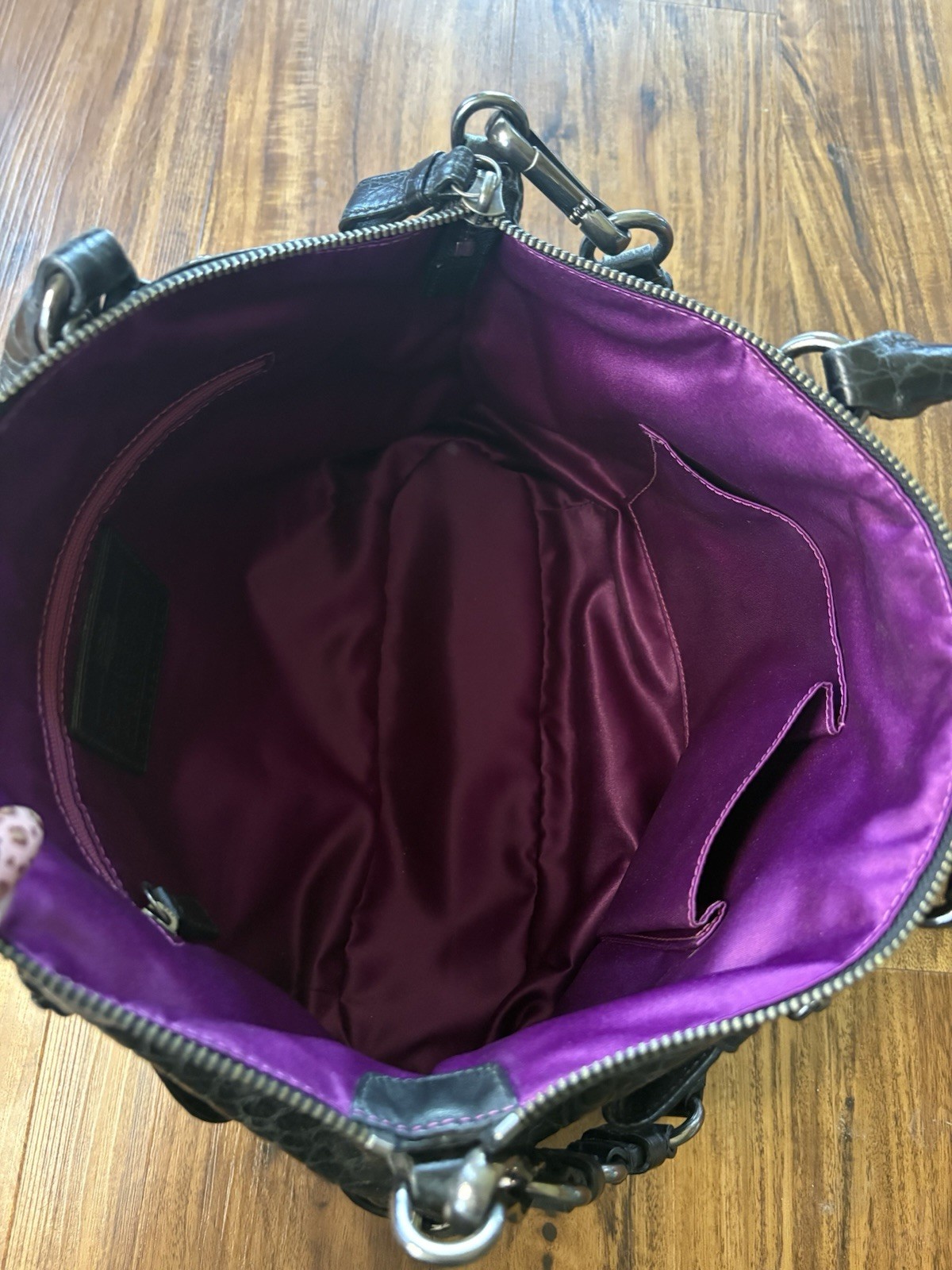 Coach 15924 Madison Embossed Sophia Bag Black With Purple Lining With Charms