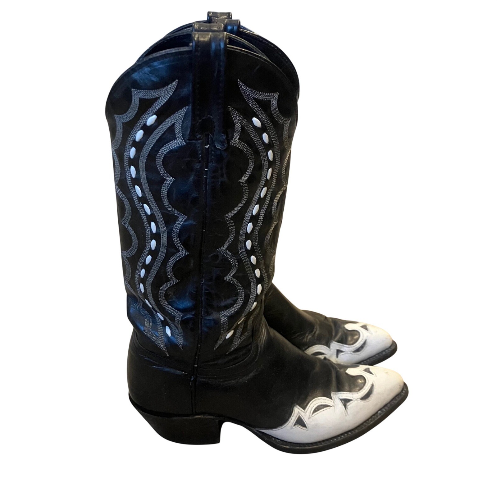 J. Chisholm Mens 7 D Black White Leather Cowboy Boots J6027 Handcrafted USA